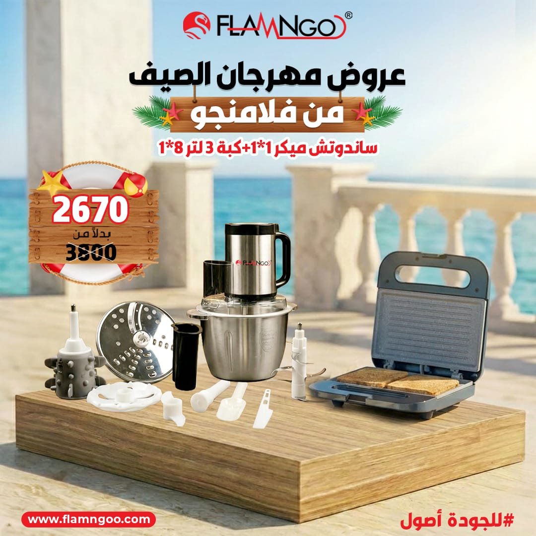 عرض الصيف من فلامنجو ساندوتش ميكر 1*1 + كبة 3 لتر 8*1